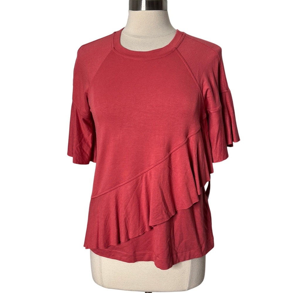Fever Coral Red Asymmetrical Ruffle Tiered Sleeve Top Womens Size Small NEW